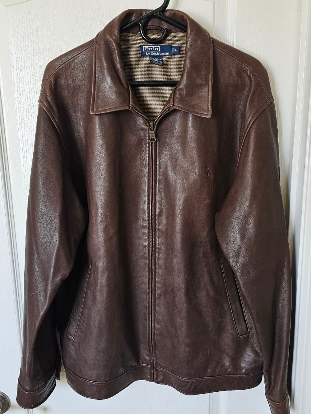 VTG 90s Polo Ralph Lauren Genuine Leather Jacket Mens Large Brown + Plaid Lined